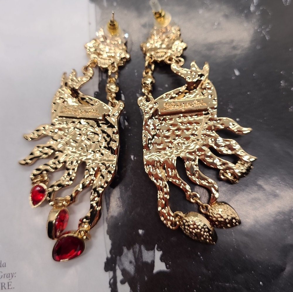 Signed Schiaparelli Teardrop Curtain Peculiar Eye Crystal Gold Earrings - Picture 11 of 14